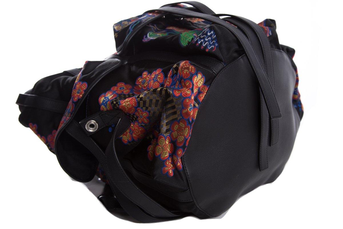 Loewe Black Leather & Multicolor Oriental Silk Print Backpack