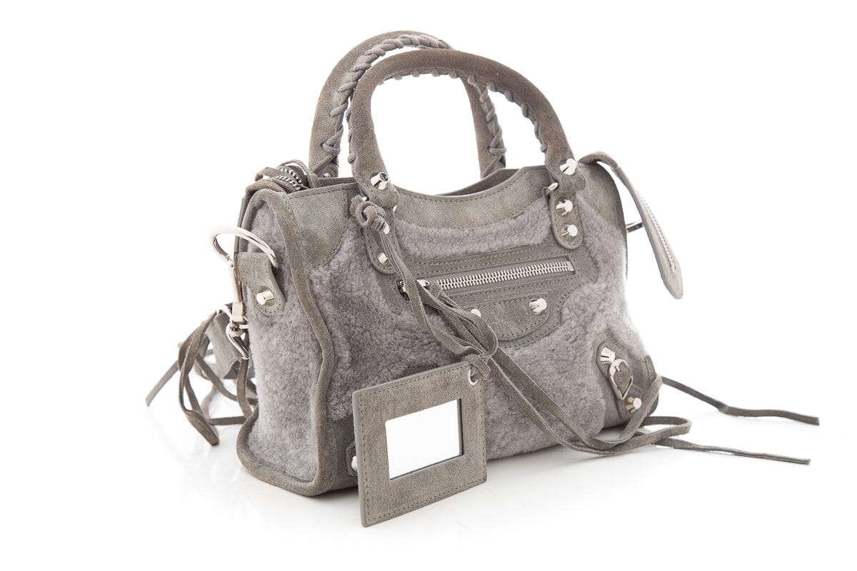 Balenciaga Grey Shearling & Suede Motocross Handbag