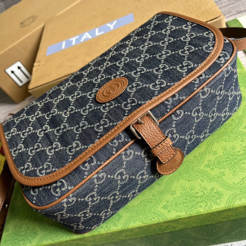 gg Children’s gg  Messenger Bag Dark Blue And Ivory Eco Washed Organic gg Jacquard Denim For Women  11.4in/29cm gg