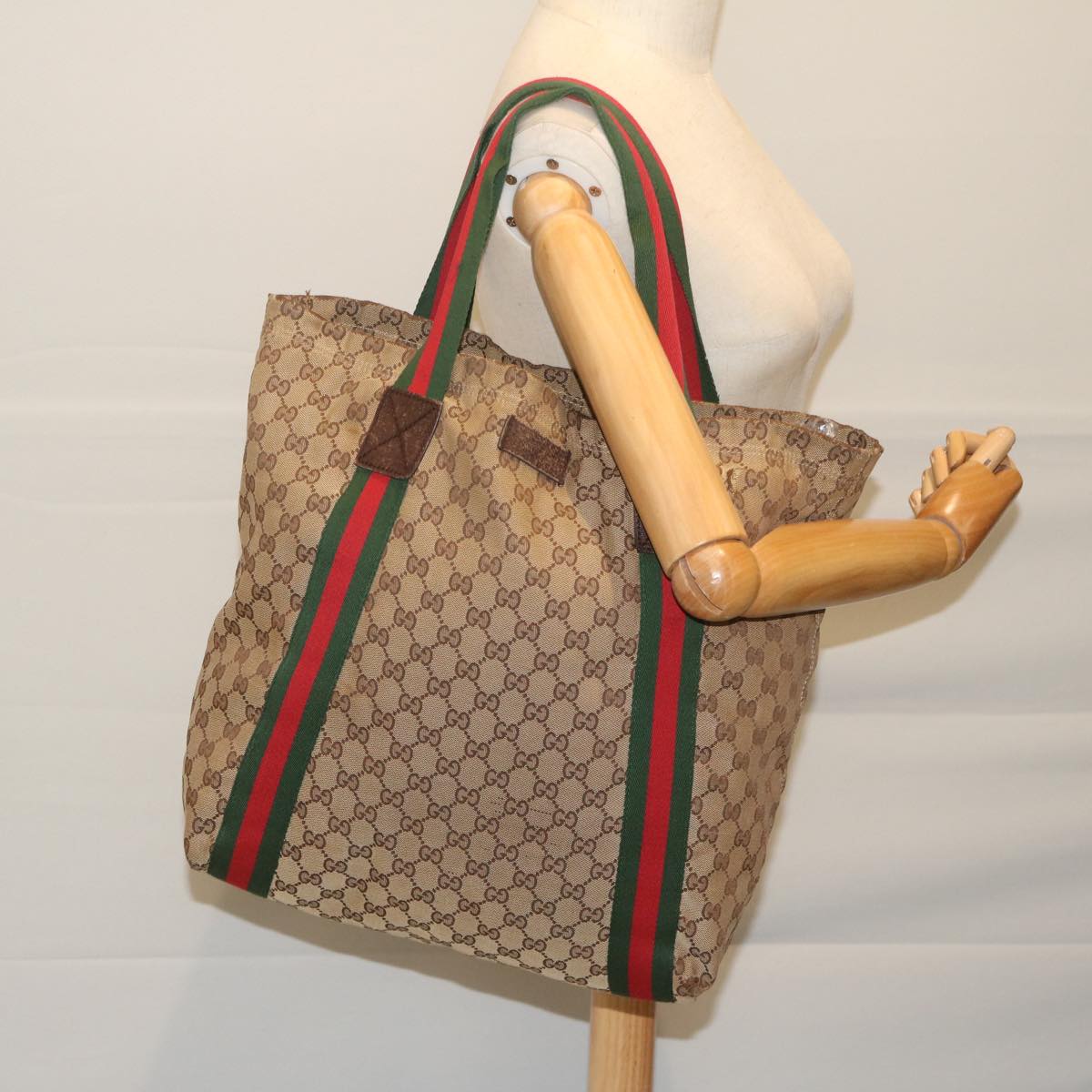 GUCCI GG Canvas Web Sherry Line Tote Bag Beige Red Green 189669 60144
