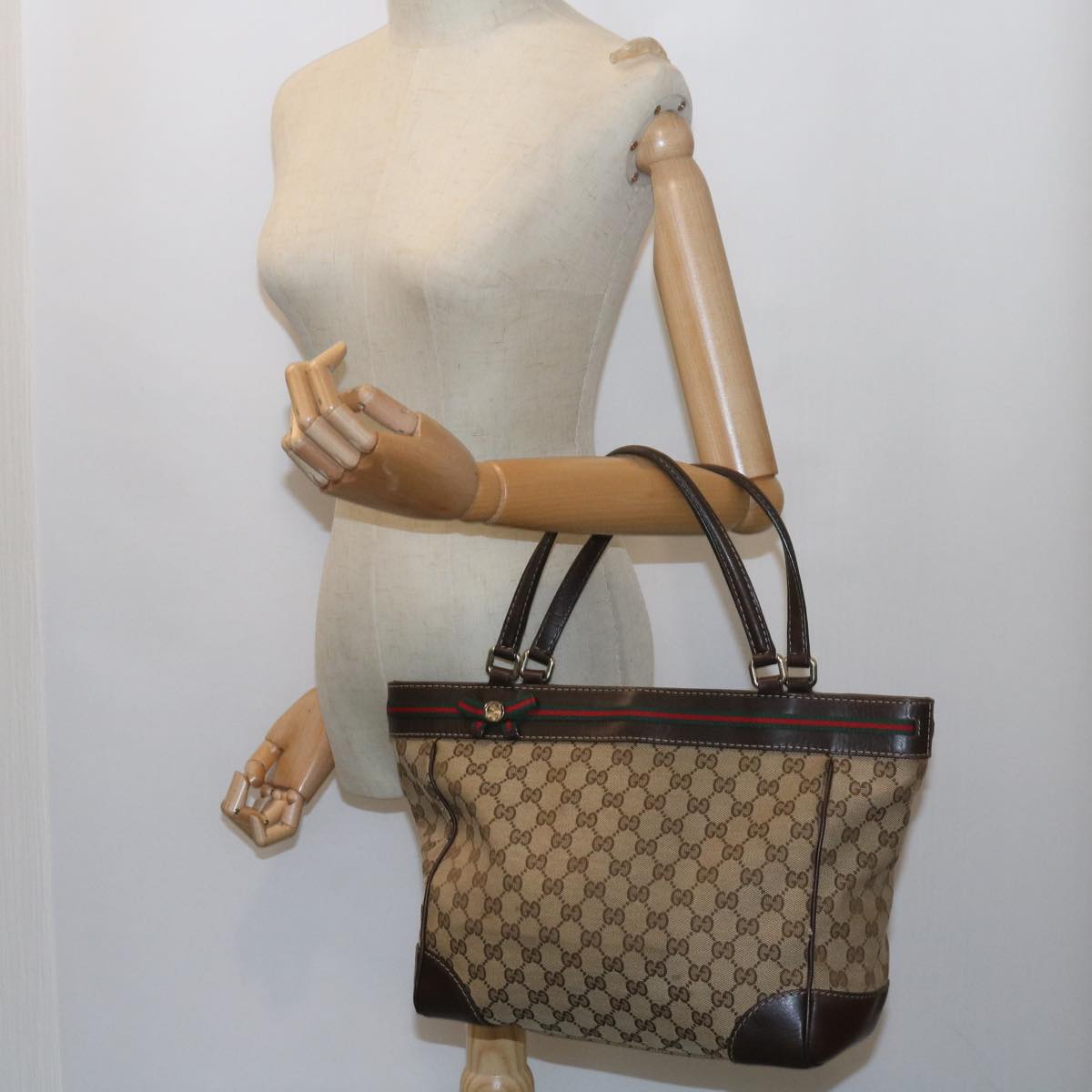GUCCI GG Canvas Web Sherry Line Tote Bag Red Beige Green 257061 60154