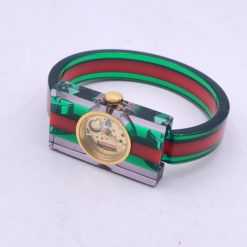 GUCCI Red Green Striped Plexi Web Watch 143.5 Skeleton Dial