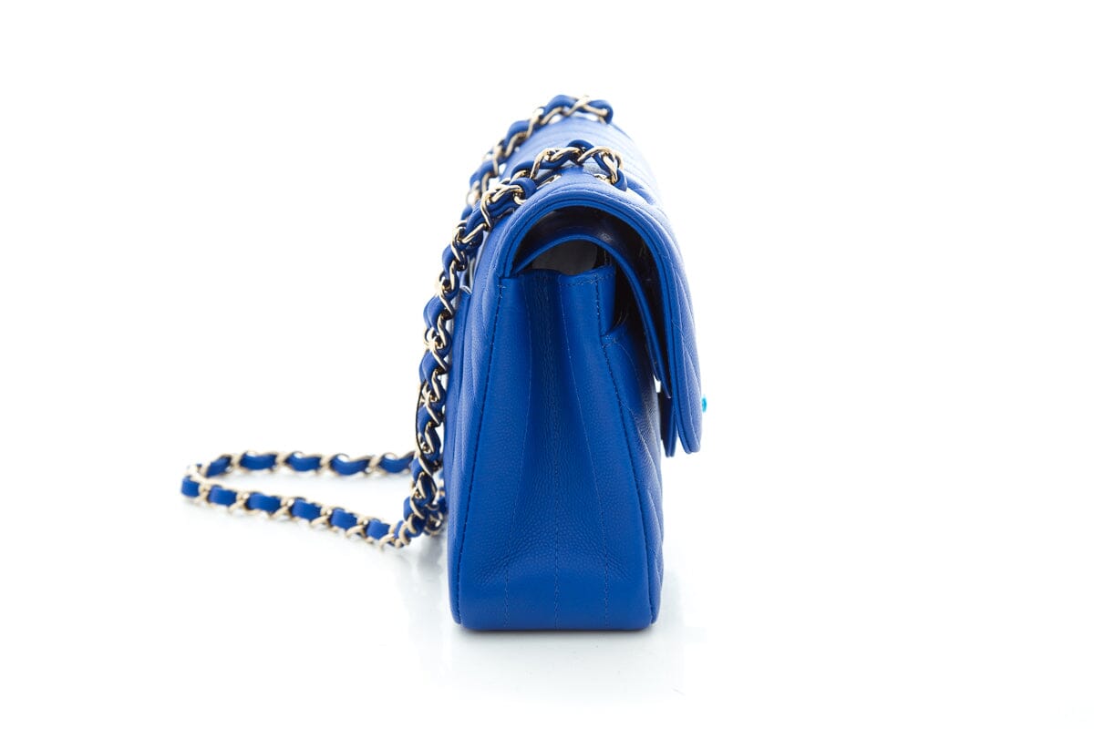 Chanel Electric Blue Matte Caviar Chevron Small Flap CGHW Handbag