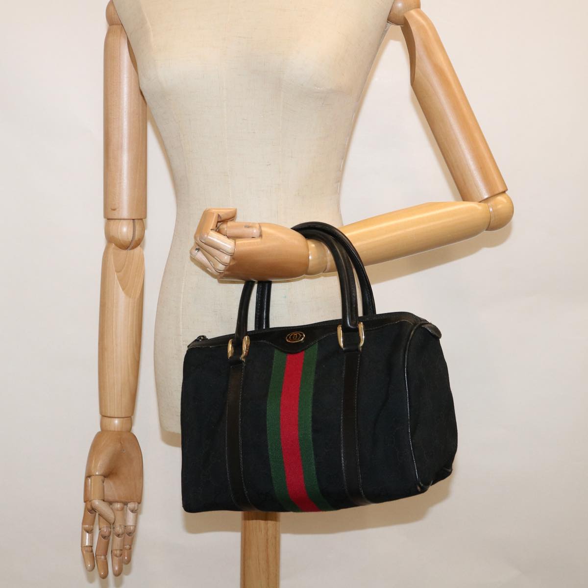 GUCCI GG Canvas Web Sherry Line Hand Bag Black Red Green 60361