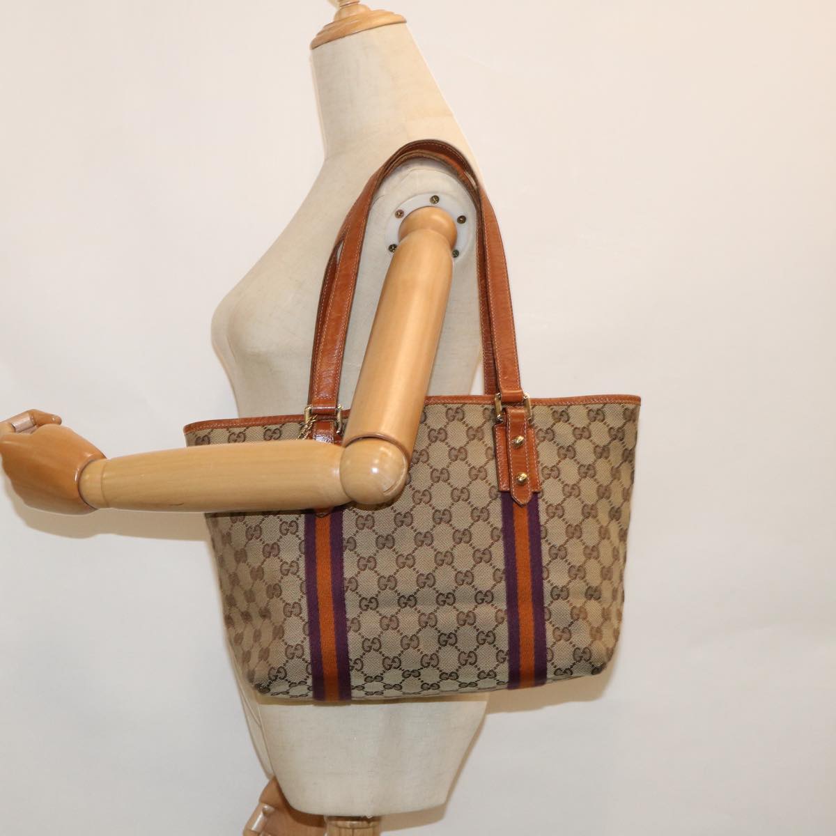 GUCCI GG Canvas Sherry Line Tote Bag Beige Orange purple 137396 60386