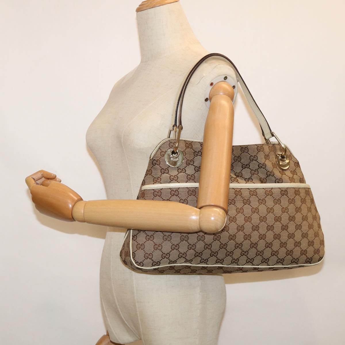 GUCCI GG Canvas Tote Bag Beige White 121023 60389