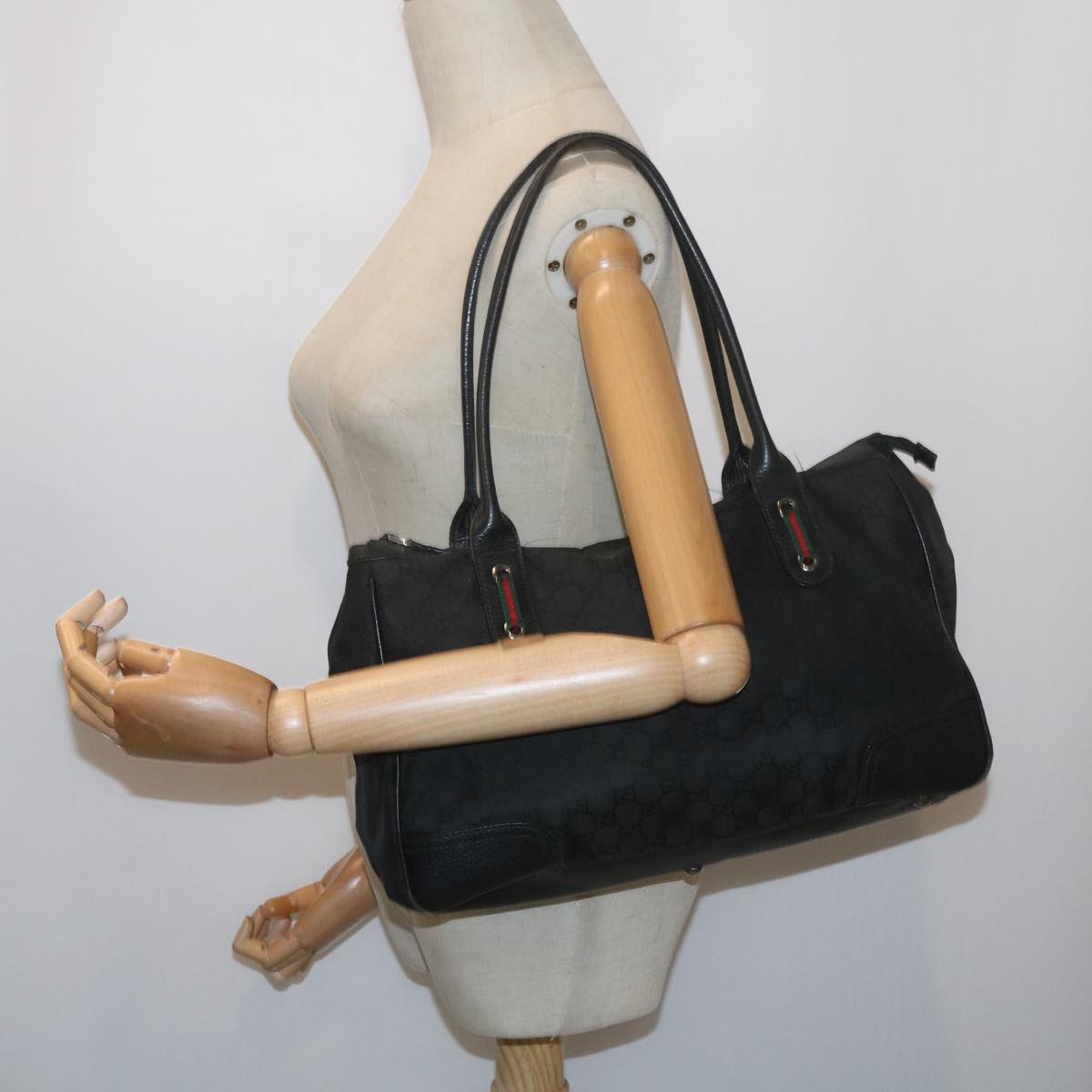GUCCI GG Canvas Web Sherry Line Tote Bag Black Red Green 293599 60519