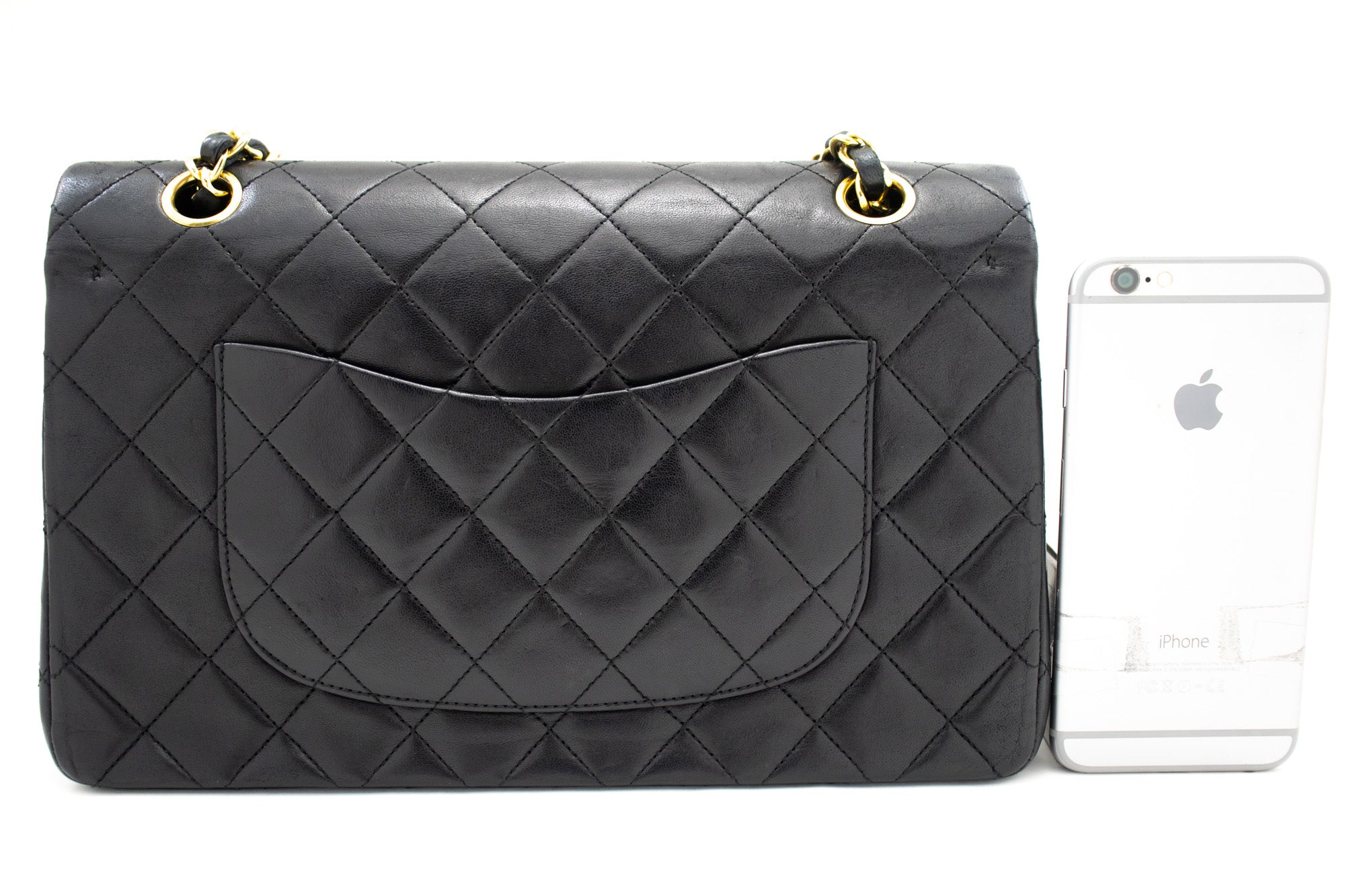 CHANEL Classic Double Flap 10" Chain Shoulder Bag Black Lambskin k69