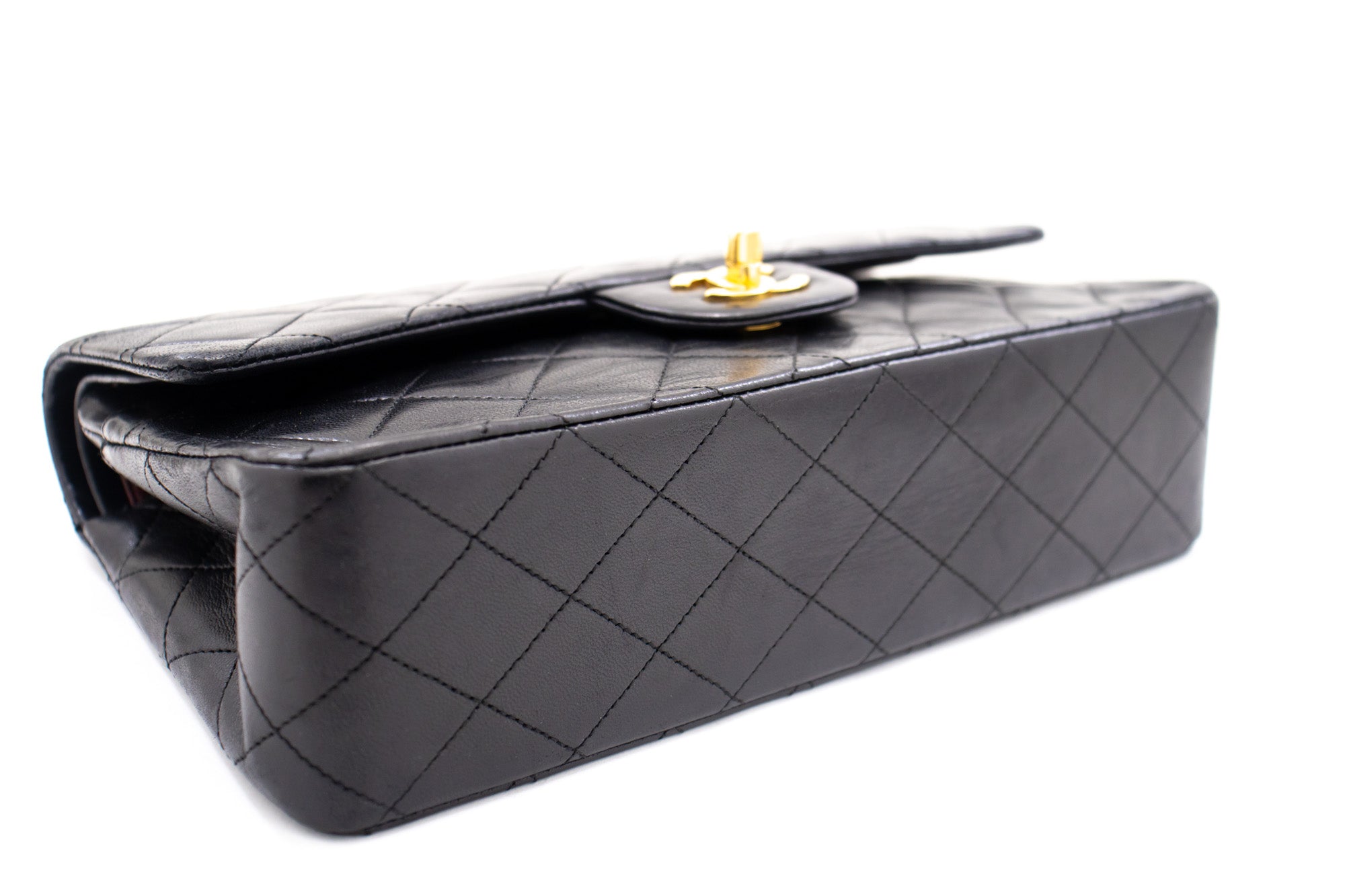 CHANEL Classic Double Flap 10" Chain Shoulder Bag Black Lambskin k69