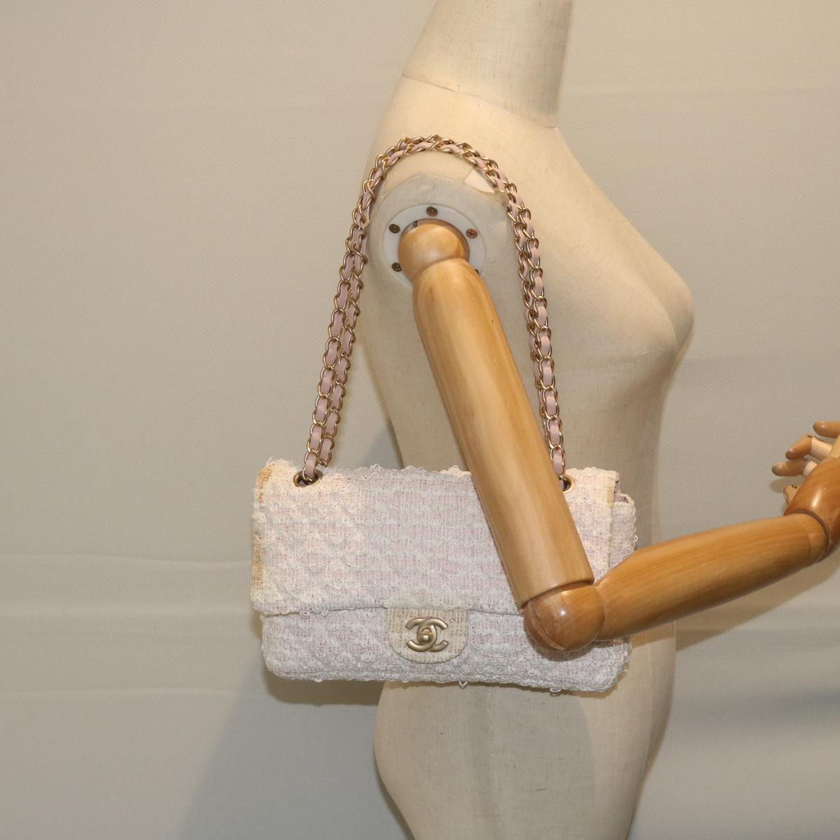 CHANEL Matelasse Chain Shoulder Bag Tweed Pink CC 60753A