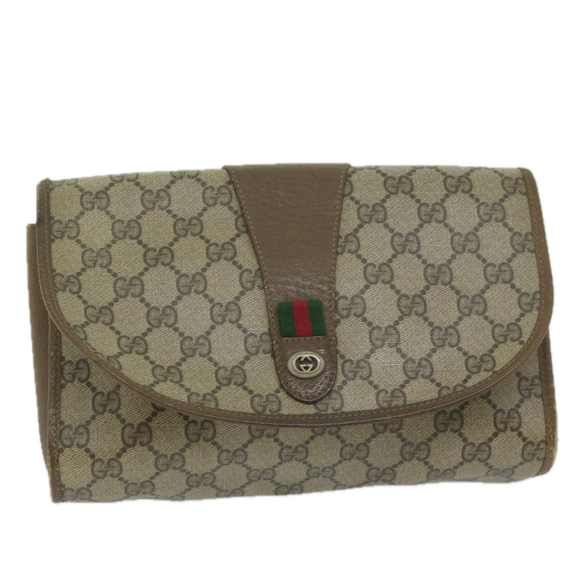 GUCCI GG Canvas Web Sherry Line Clutch Bag PVC Beige Green Red 61258