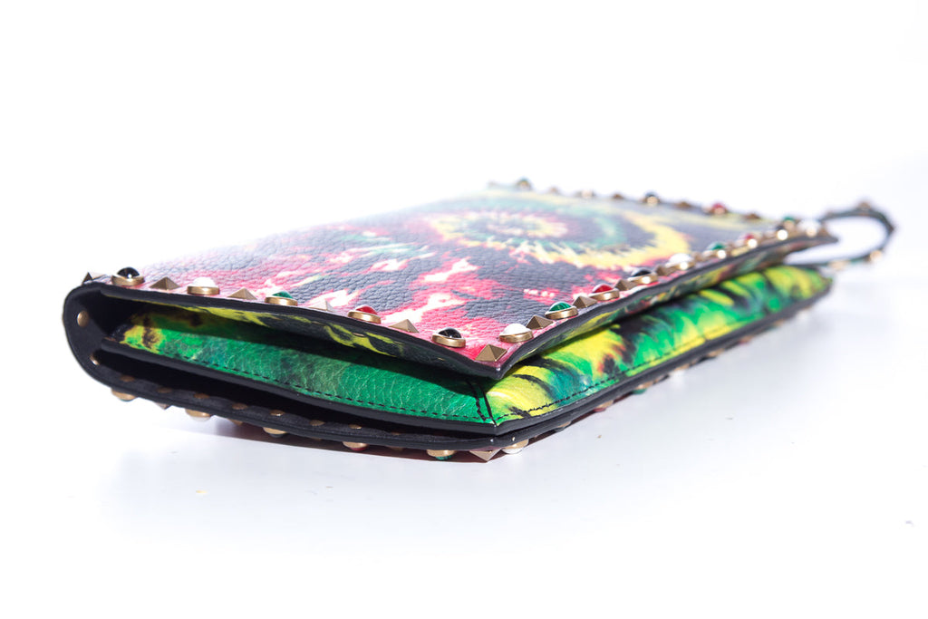 Valentino Pebbled Calfskin Tie-Dye Rockstud Rolling Wristlet Clutch