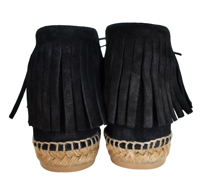 Saint Laurent Suede Fringe Trim Accent LaceUp Boots Black Boots