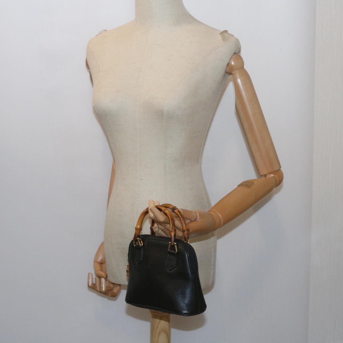 GUCCI Bamboo Hand Bag Leather 2way Black 007 2032 0231 61324