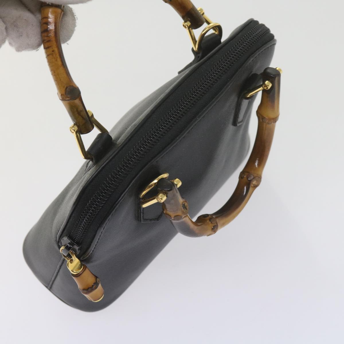 GUCCI Bamboo Hand Bag Leather 2way Black 007 2032 0231 61324