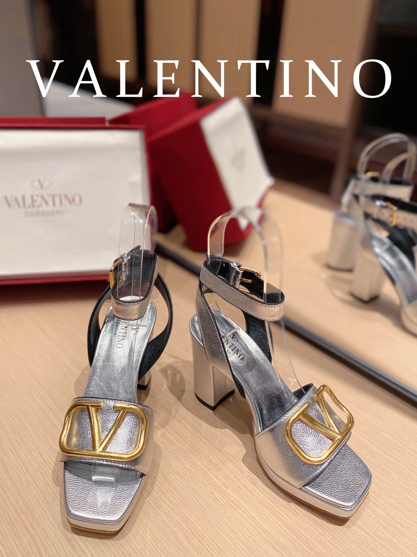 Valentino Garavani Strap Heeled Sandals With V Logo Signature EmbellisGLAMIent Silver For Women