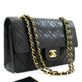 CHANEL Classic Double Flap 10" Chain Shoulder Bag Black Lambskin k72
