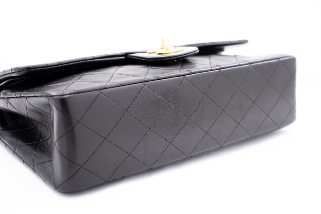 CHANEL Classic Double Flap 10" Chain Shoulder Bag Black Lambskin k72
