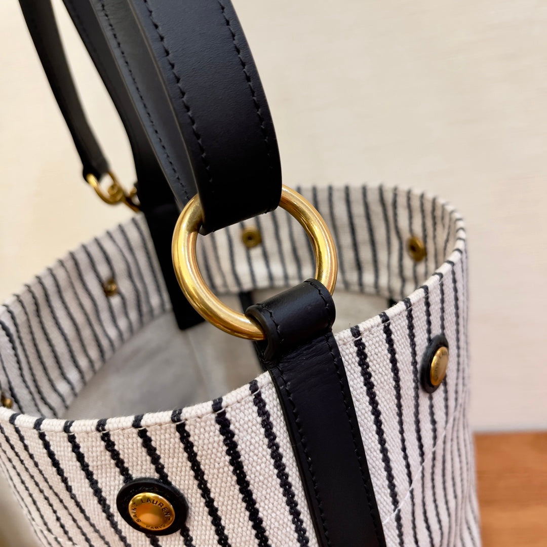 GLAMI Rive Gauche Bucket Bag In Striped Canvas For Women 11.8in/30cm Black And White YSL 669299FAAE59583