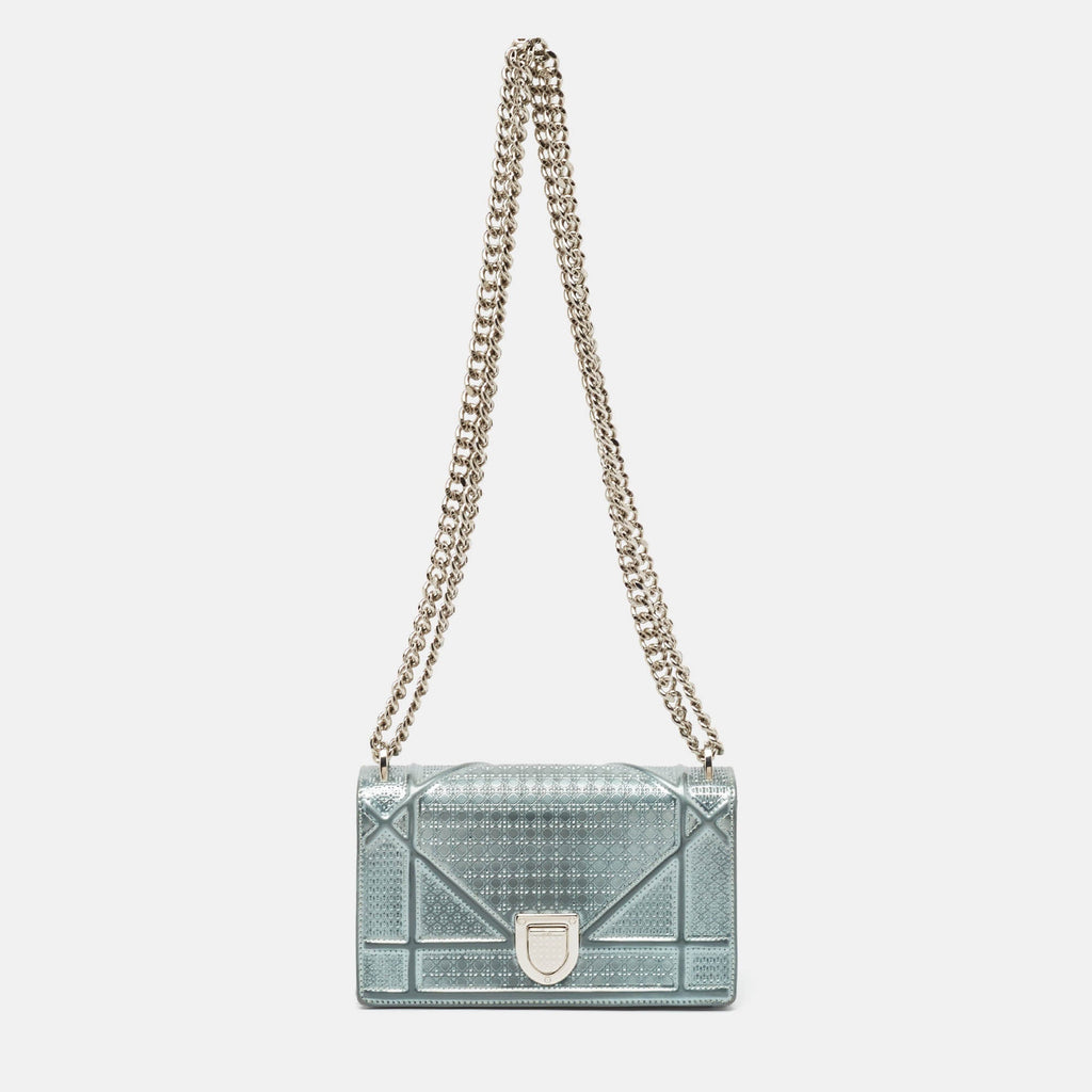 Dior Light Blue Microcannage Patent Leather Mini Diorama Chain Shoulder Bag..