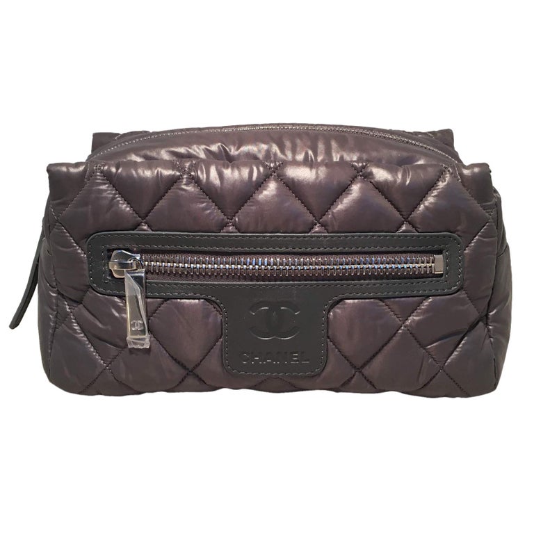 Chanel Grey Quilted Nylon Travel Accessories Cosmetic Pouch