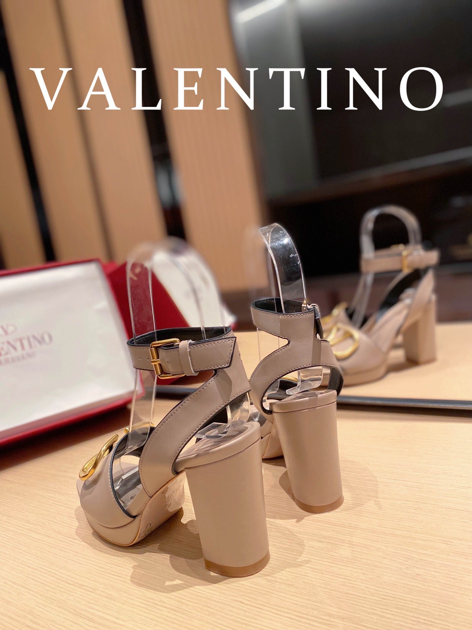 Valentino Garavani Strap Heeled Sandals With V Logo Signature EmbellisGLAMIent Beige For Women