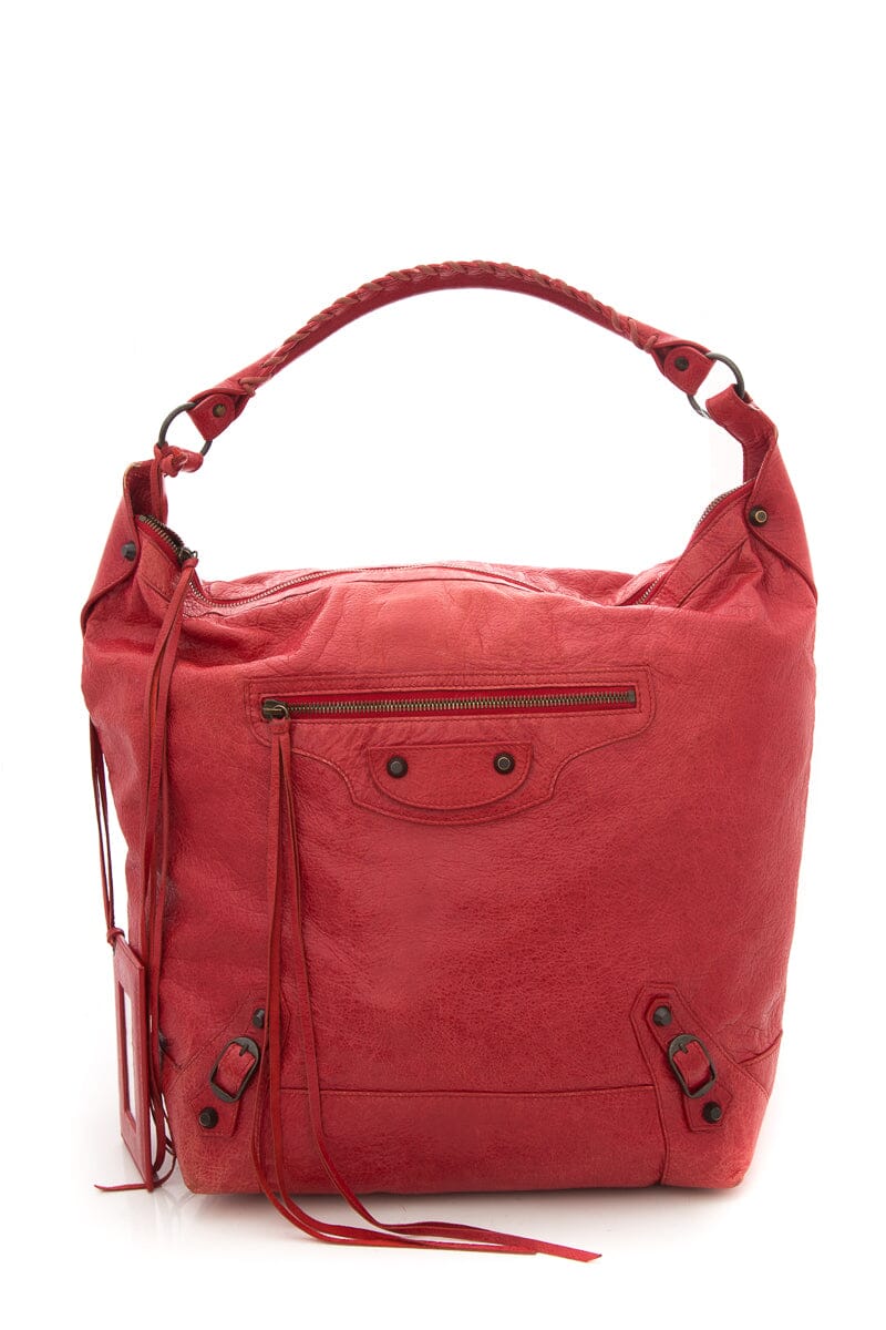 Balenciaga Red Day Leather Studs Hobo
