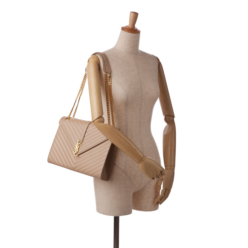 Yves Saint Laurent Envelope Large Beige Chevron Quilted Leather