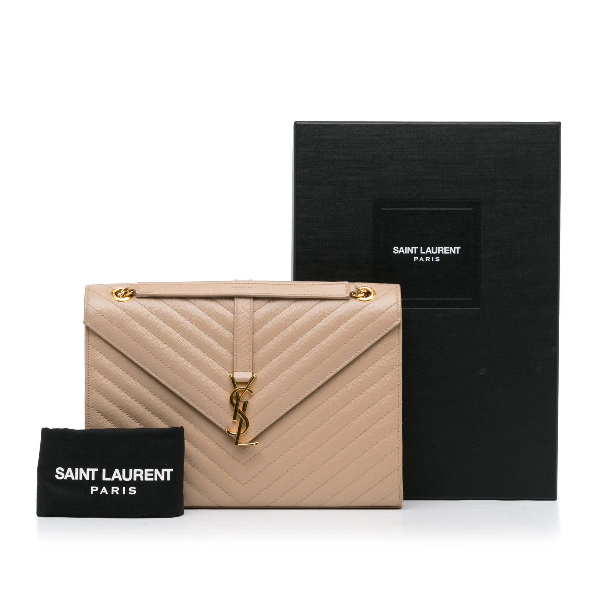 Yves Saint Laurent Envelope Large Beige Chevron Quilted Leather