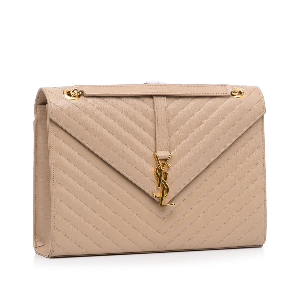Yves Saint Laurent Envelope Large Beige Chevron Quilted Leather