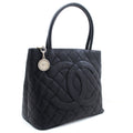 CHANEL Silver Medallion Caviar Shoulder Bag Shopping Tote Black k56