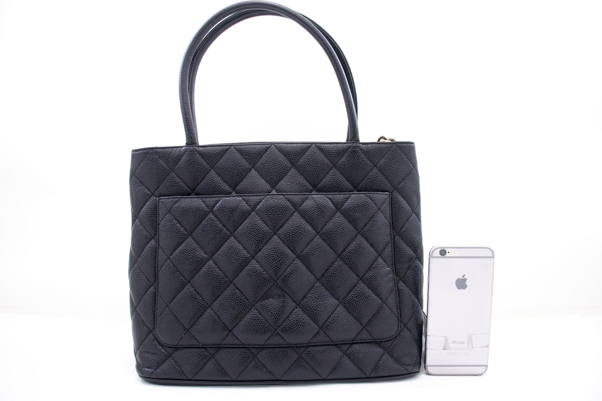 CHANEL Silver Medallion Caviar Shoulder Bag Shopping Tote Black k56
