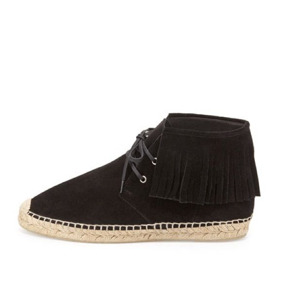 Saint Laurent Suede Fringe Trim Accent LaceUp Boots Black Boots