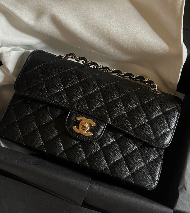 CHANEL Small Classic Handbag Grained Calfskin & Gold-Tone Metal Black