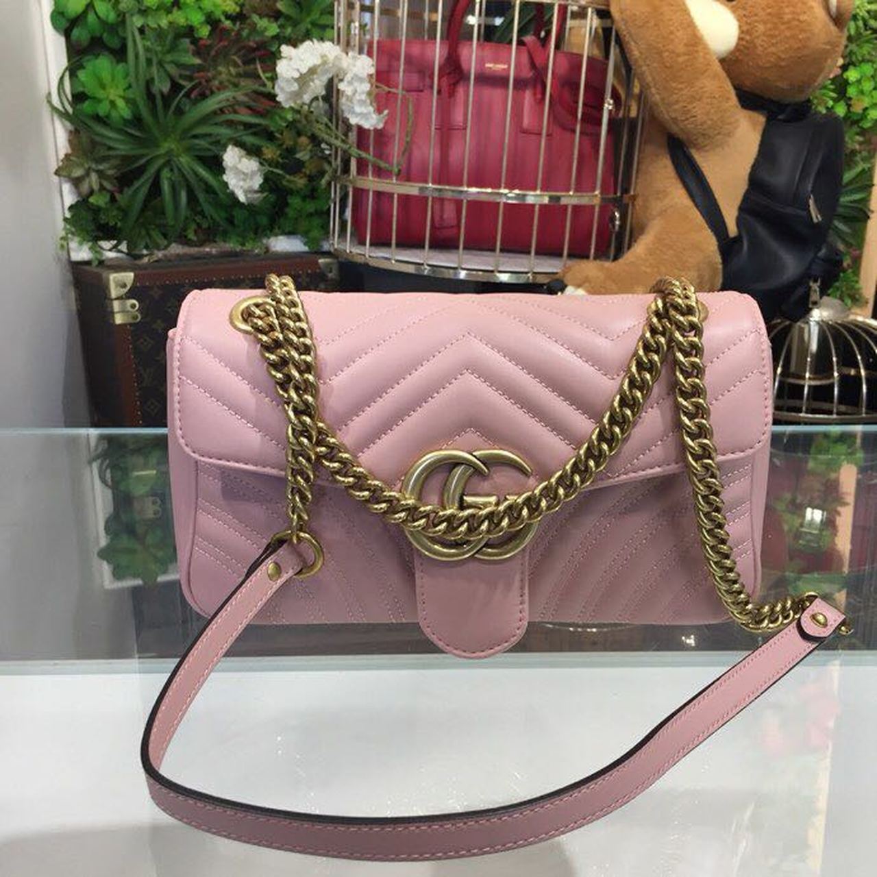 gg Marmont Small Matelassé Shoulder Bag Dusty Pink Matelassé Chevron For Women 10in/26cm gg 443497 DTDIT 5729