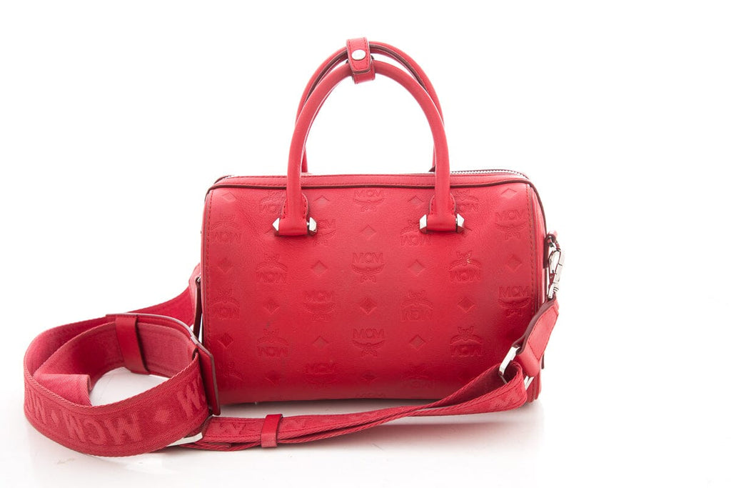 MCM Red Monogram Leather Boston Handbag