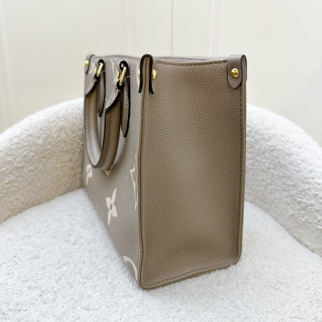 LV Onthego PM in Tourterelle (Grey) / Creme Giant Monogram Empreinte Leather and GHW