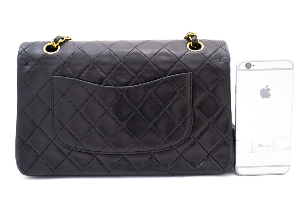CHANEL Classic Double Flap 10" Chain Shoulder Bag Black Lambskin k77