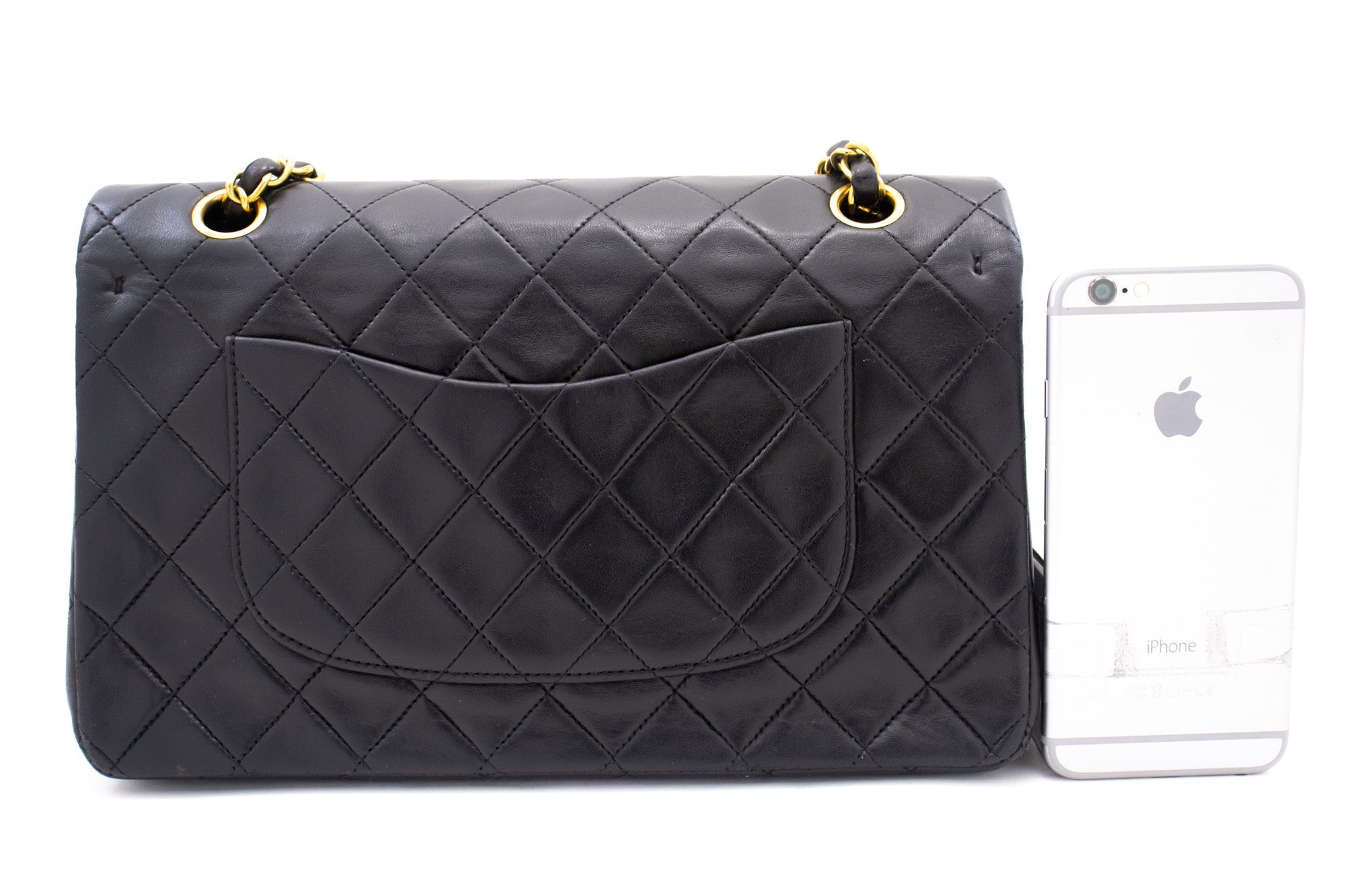 CHANEL Classic Double Flap 10" Chain Shoulder Bag Black Lambskin k77