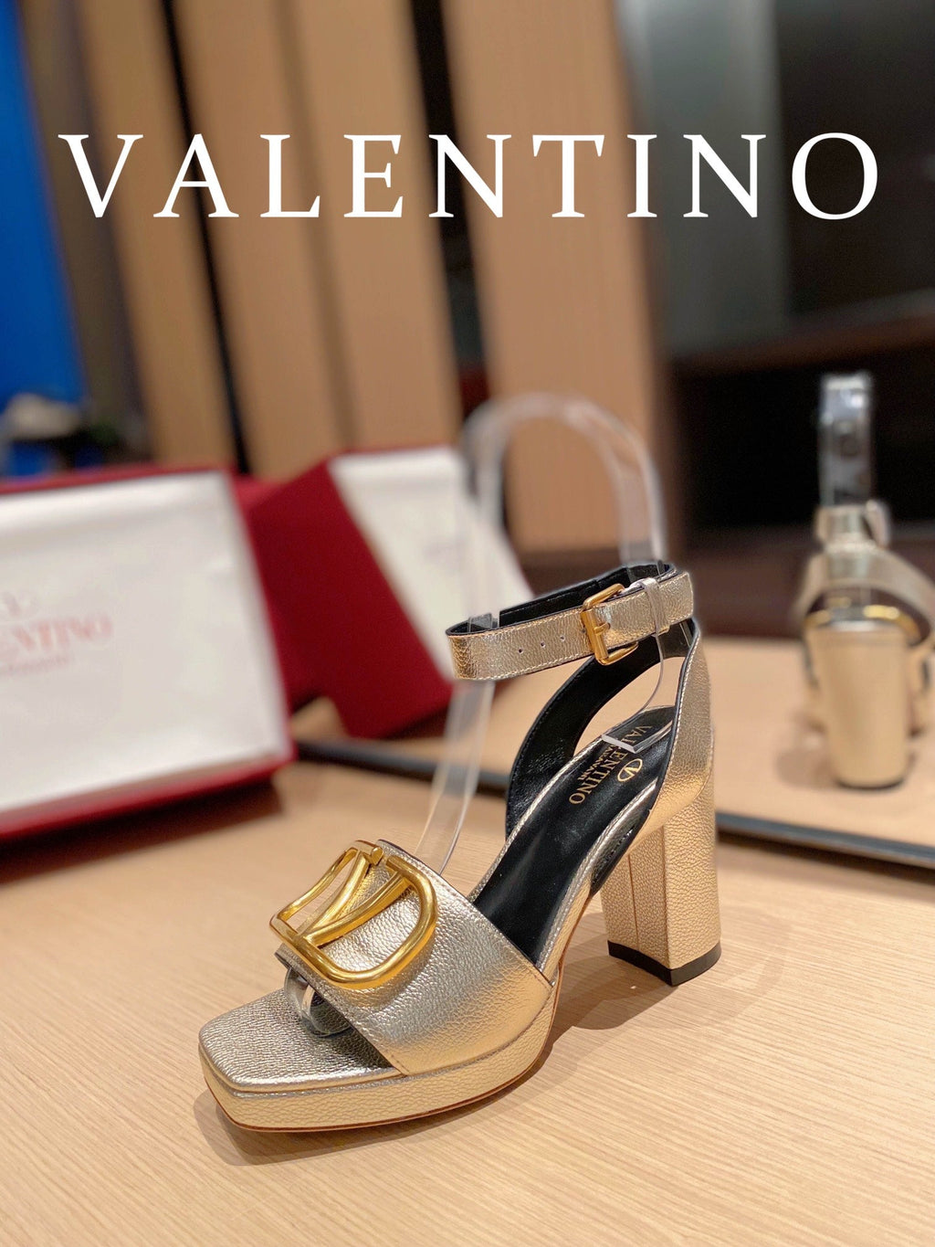 Valentino Garavani Strap Heeled Sandals With V Logo Signature EmbellisGLAMIent Gold For Women