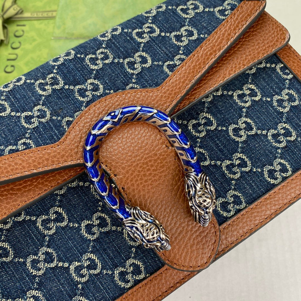 gg Dionysus Small Shoulder Bag Dark Blue And Ivory Eco Washed Organic gg Jacquard Denim For Women 11in/28cm gg 400249 2KQFN 4483