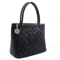 CHANEL Silver Medallion Caviar Shoulder Bag Shopping Tote Black SV k57