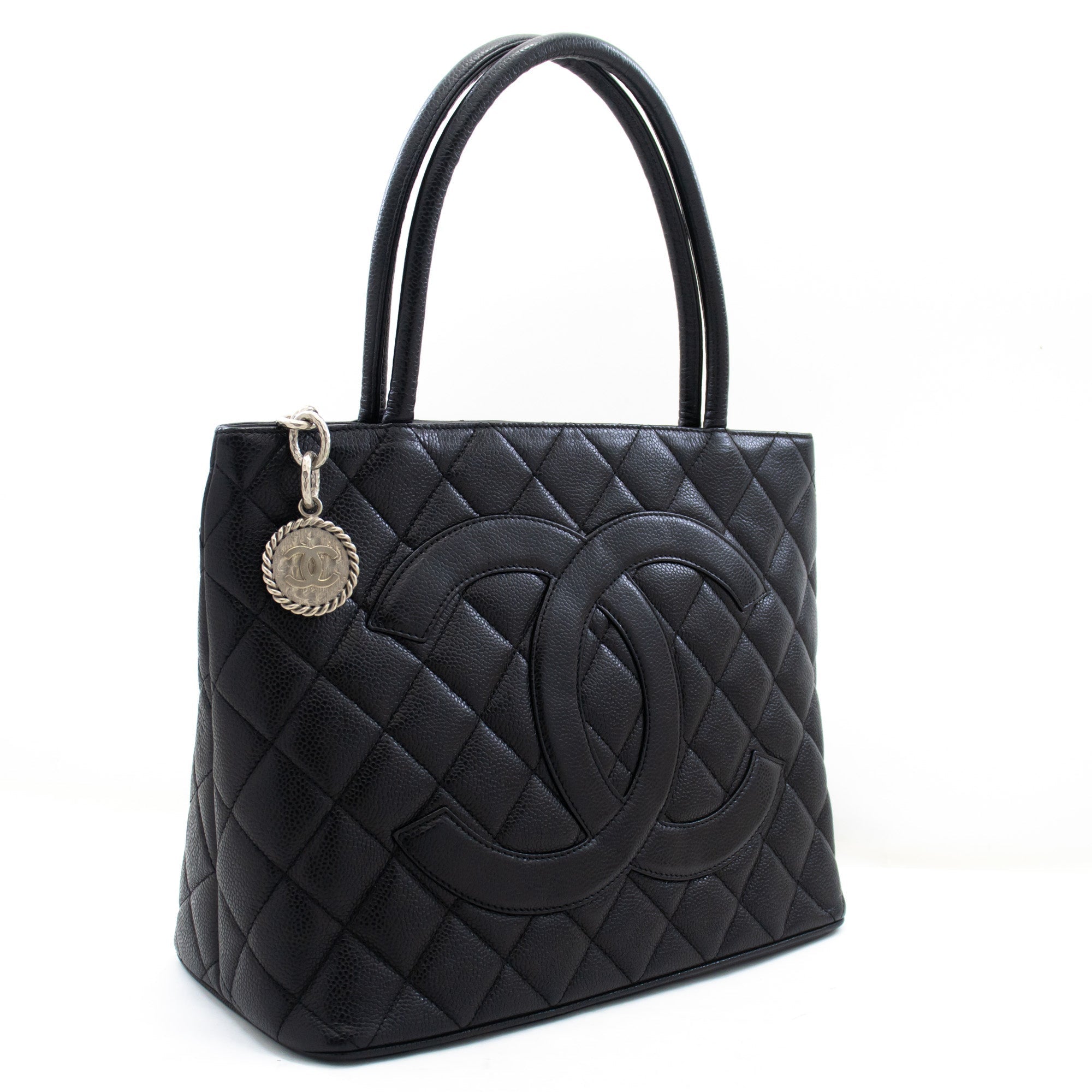 CHANEL Silver Medallion Caviar Shoulder Bag Shopping Tote Black SV k57
