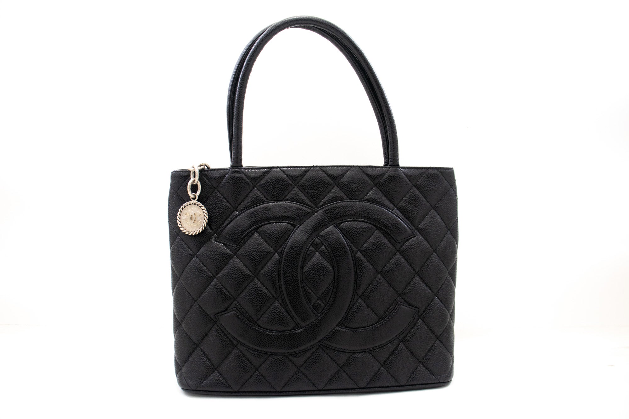 CHANEL Silver Medallion Caviar Shoulder Bag Shopping Tote Black SV k57