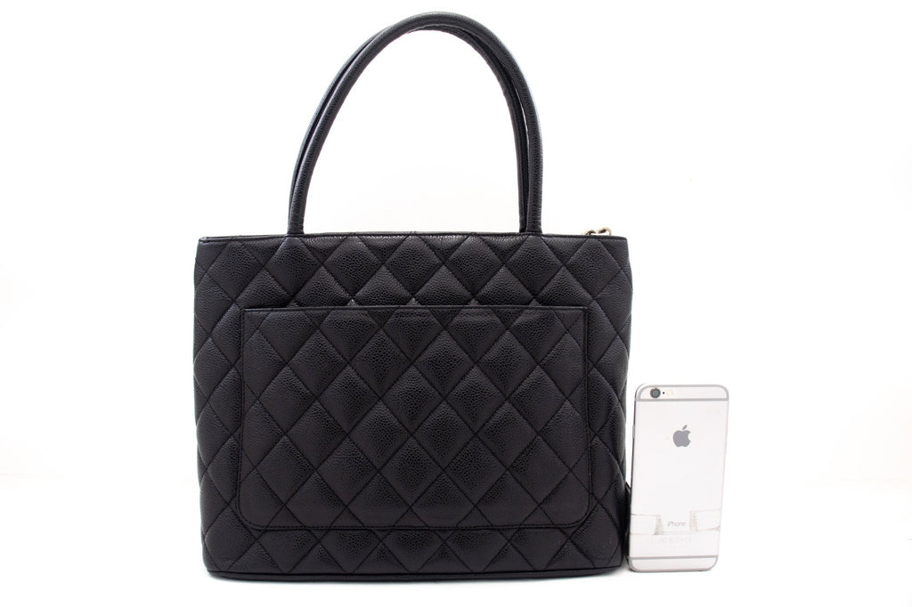 CHANEL Silver Medallion Caviar Shoulder Bag Shopping Tote Black SV k57