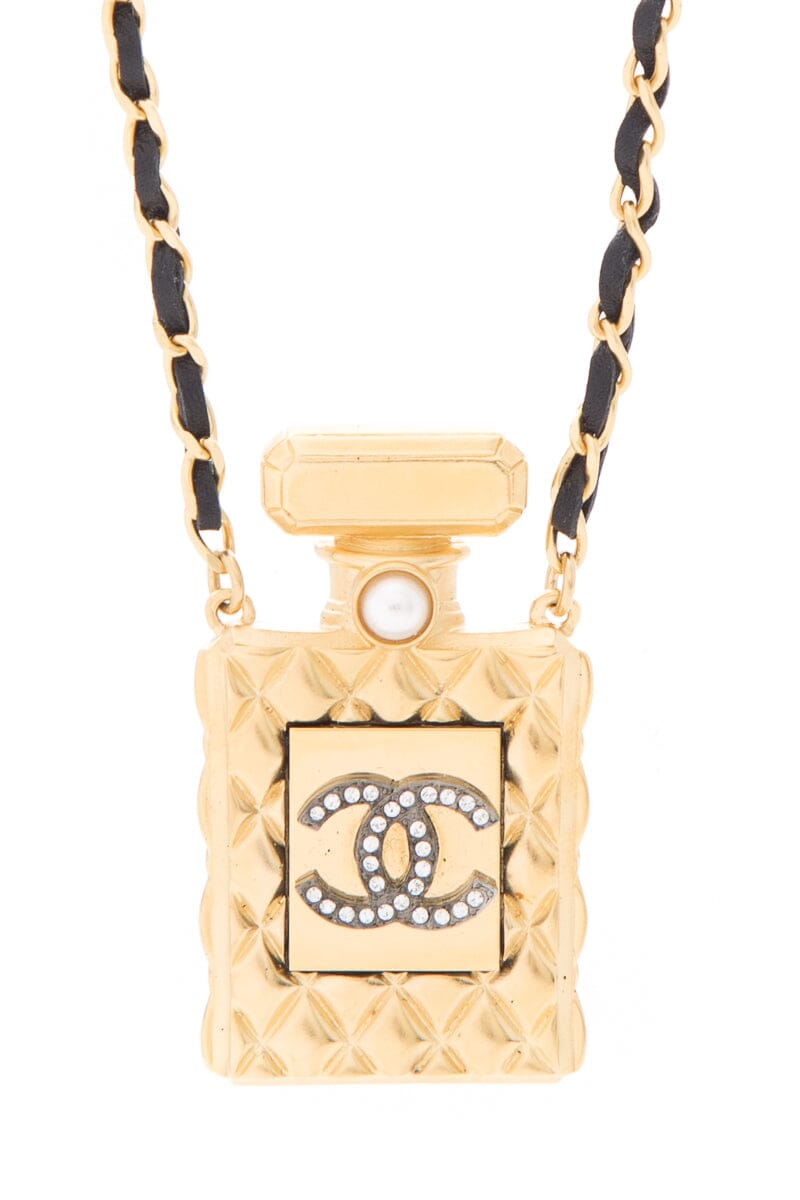 Chanel Gold Perfume Bottle Leather Chain Necklace