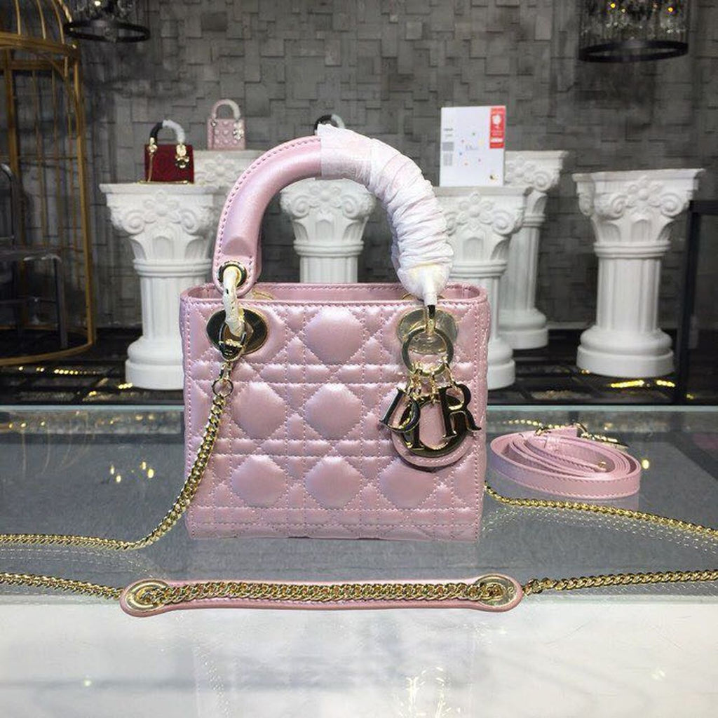 GLAMI Mini Lady Cannage Quilted Bag with Chain Gold Toned Hardware Pink For Women 6.5in/17cm CD