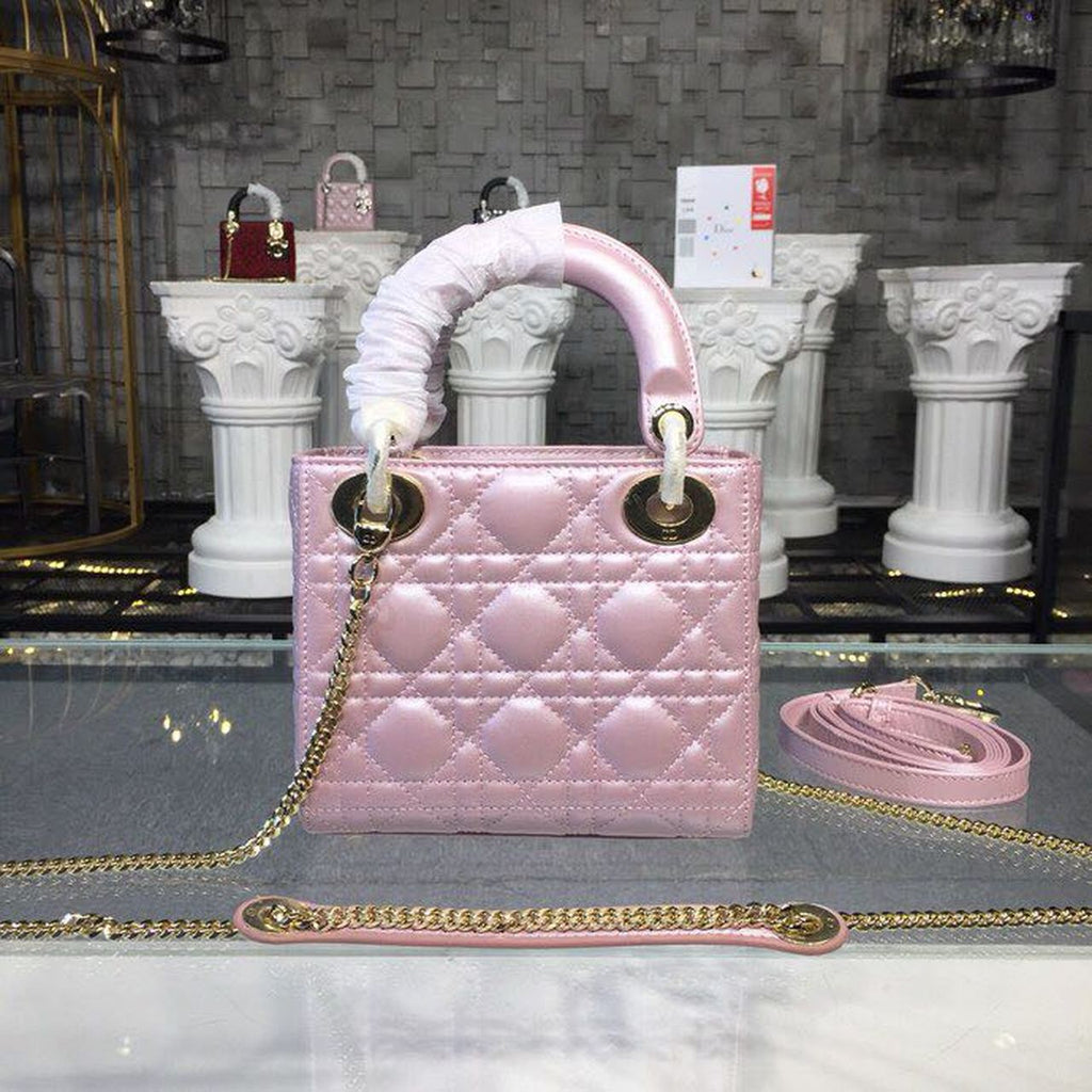 GLAMI Mini Lady Cannage Quilted Bag with Chain Gold Toned Hardware Pink For Women 6.5in/17cm CD