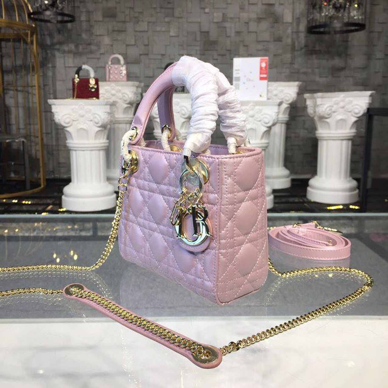 GLAMI Mini Lady Cannage Quilted Bag with Chain Gold Toned Hardware Pink For Women 6.5in/17cm CD