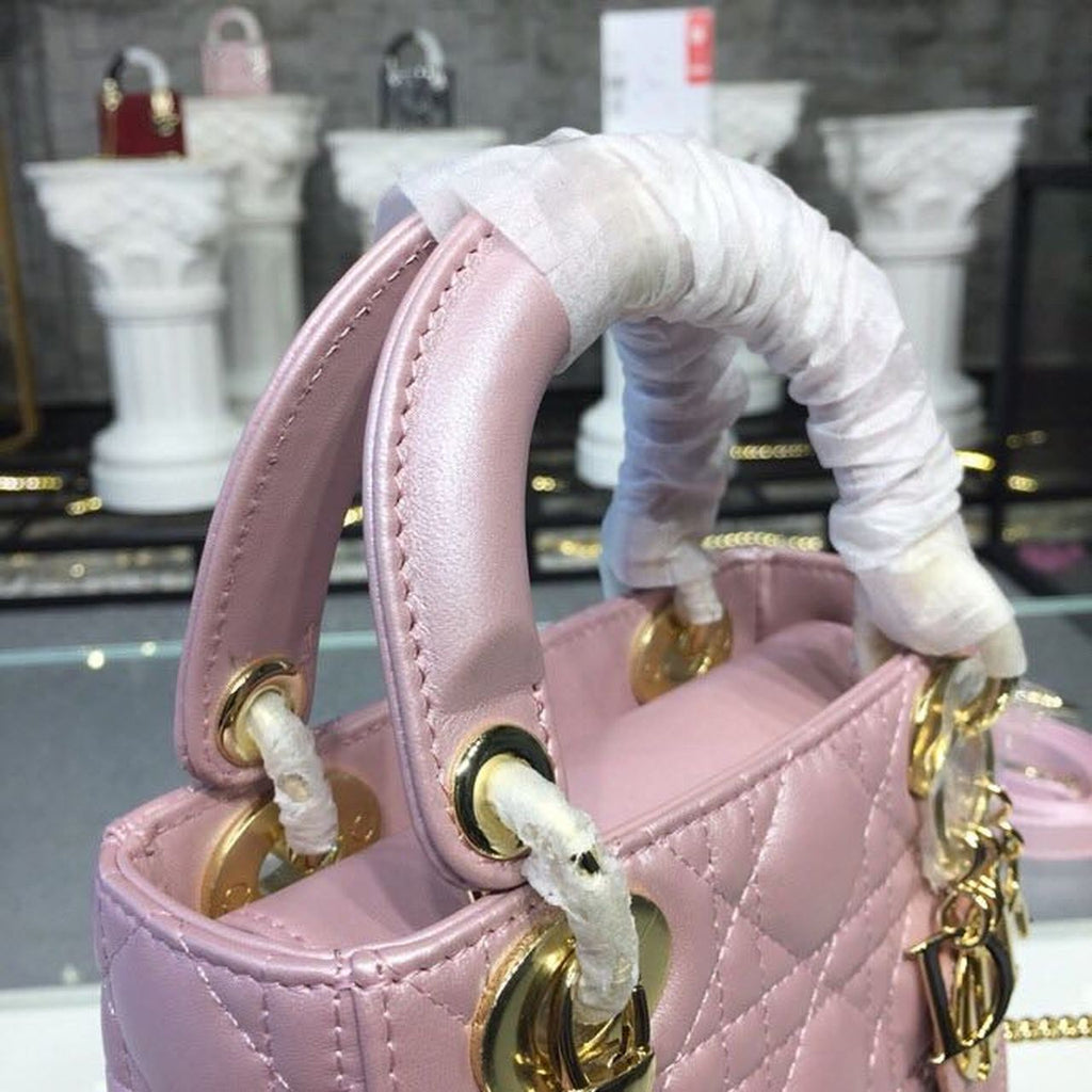 GLAMI Mini Lady Cannage Quilted Bag with Chain Gold Toned Hardware Pink For Women 6.5in/17cm CD